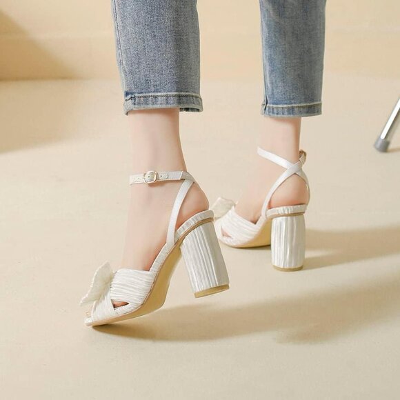 🆕Women White Ankle Strap Bowknot Chunky Wedding Party Dress Shoes Heeled Sandal - Picture 8 of 8